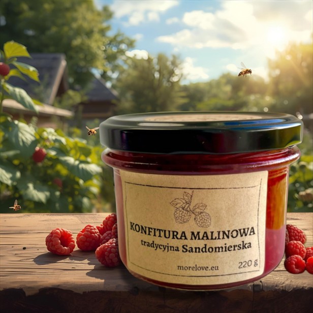 konfitura malinowa na stole w ogrodzie