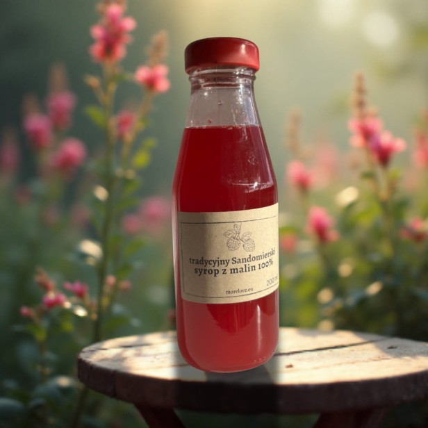 syrop malinowy do herbaty butelka na stole Chata Morelove.jpeg