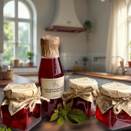 zestaw syrop malinowy i maliny w syropie do herbaty Chata Morelove na stole w kuchni